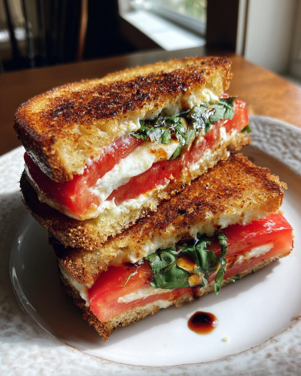 Two halves of a grilled caprese breakfast sandwich stacked on a plate, showing melted mozzarella, thick tomato slices, and fresh basil.