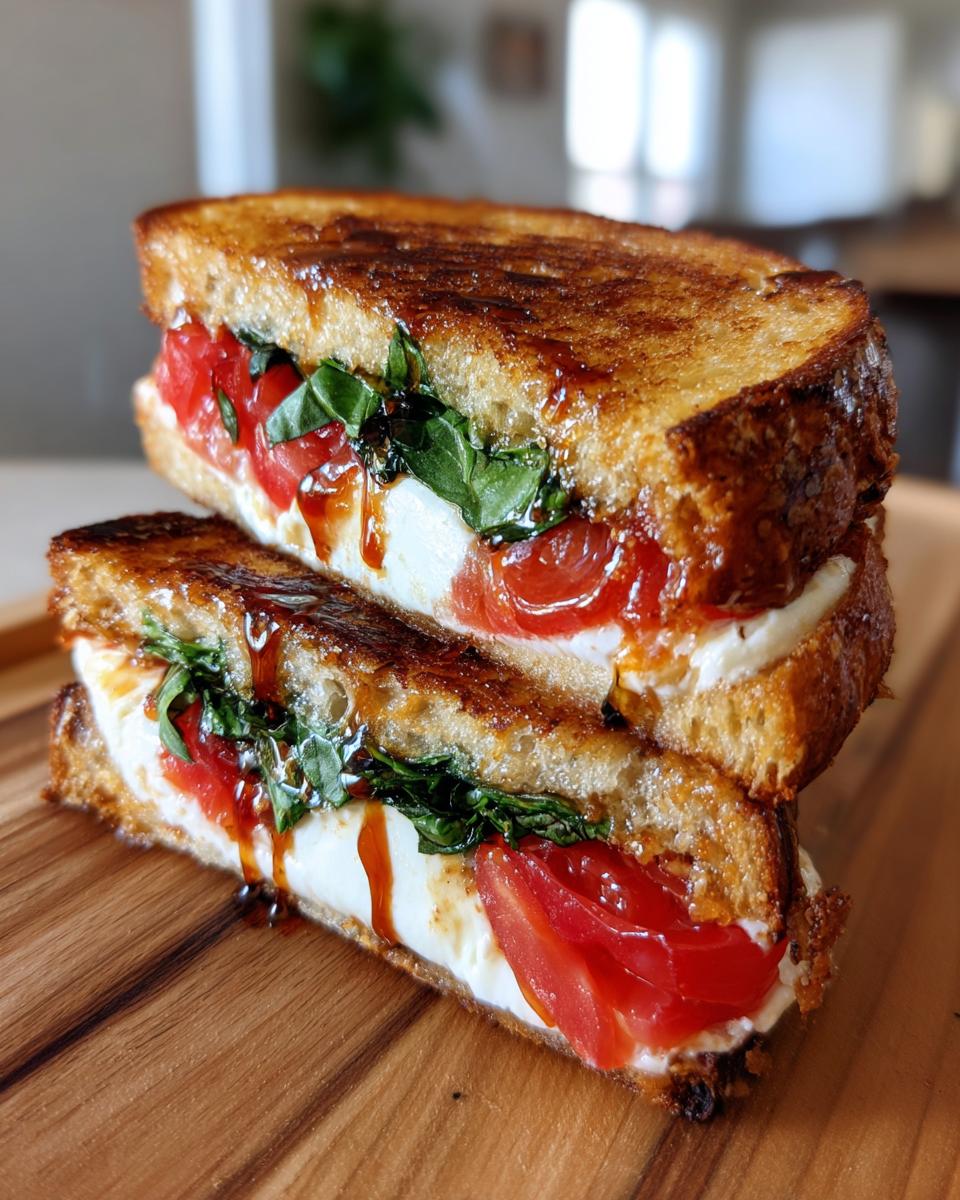 Two halves of a grilled caprese breakfast sandwich stacked on a wooden board, showing melted mozzarella, tomatoes, basil, and balsamic glaze.