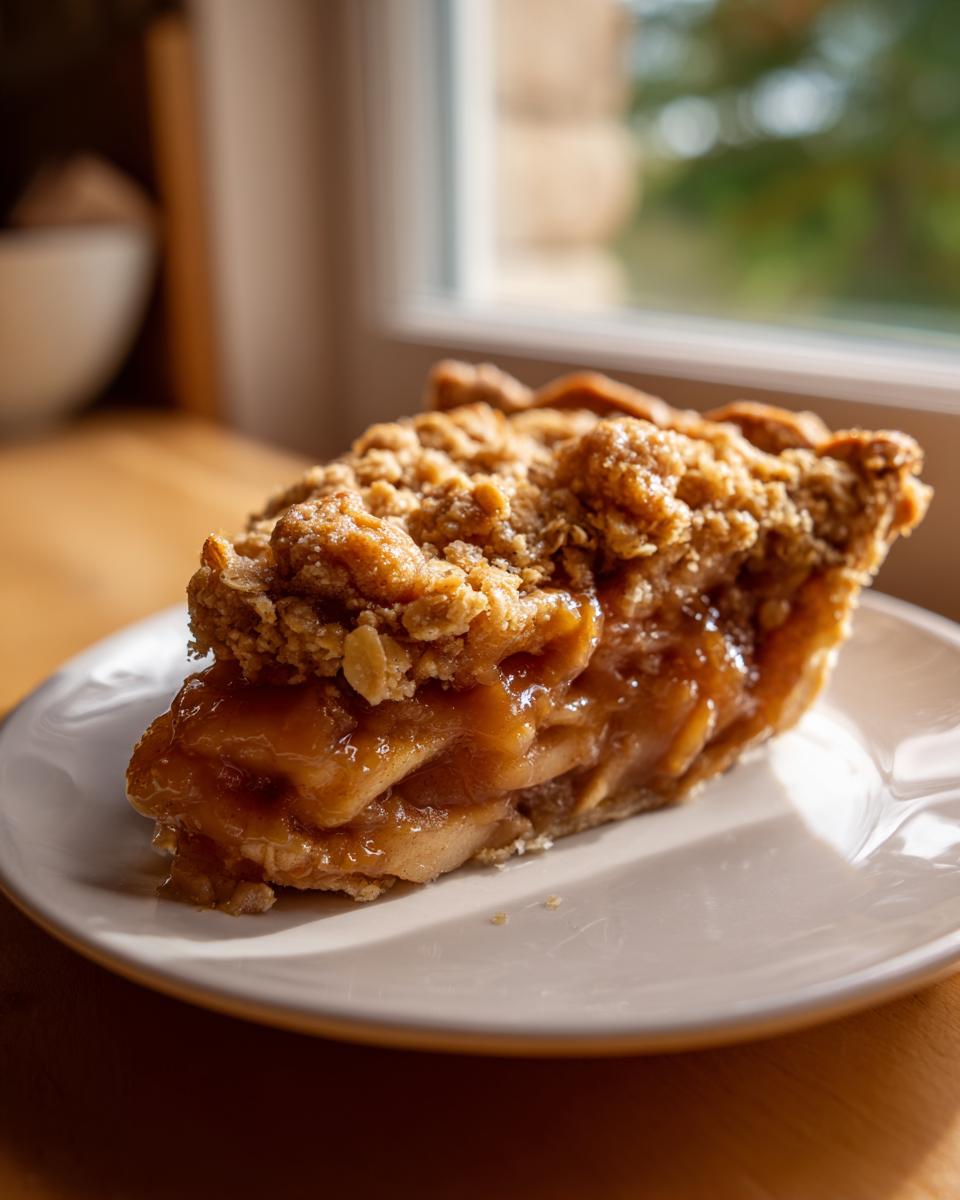 A close-up of a thick slice of caramel apple crisp pie showing gooey filling and oat crumble.