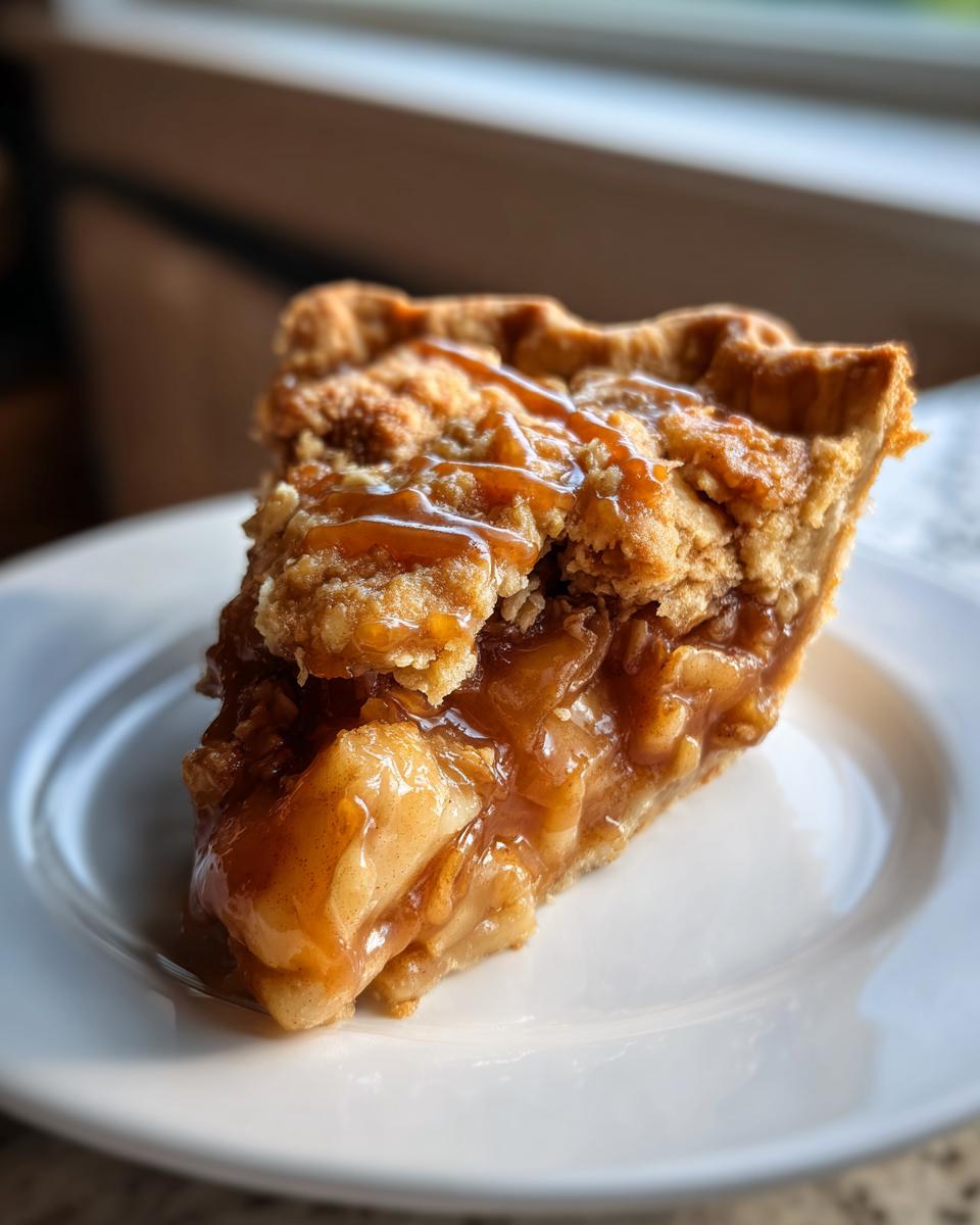 A close-up of a decadent slice of caramel apple crisp pie, showing gooey filling and caramel drizzle.