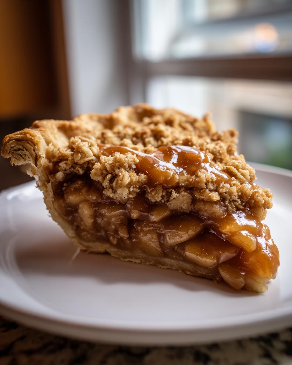 A close-up of a slice of caramel apple crisp pie showing layered apples, crumble topping, and glossy caramel sauce.