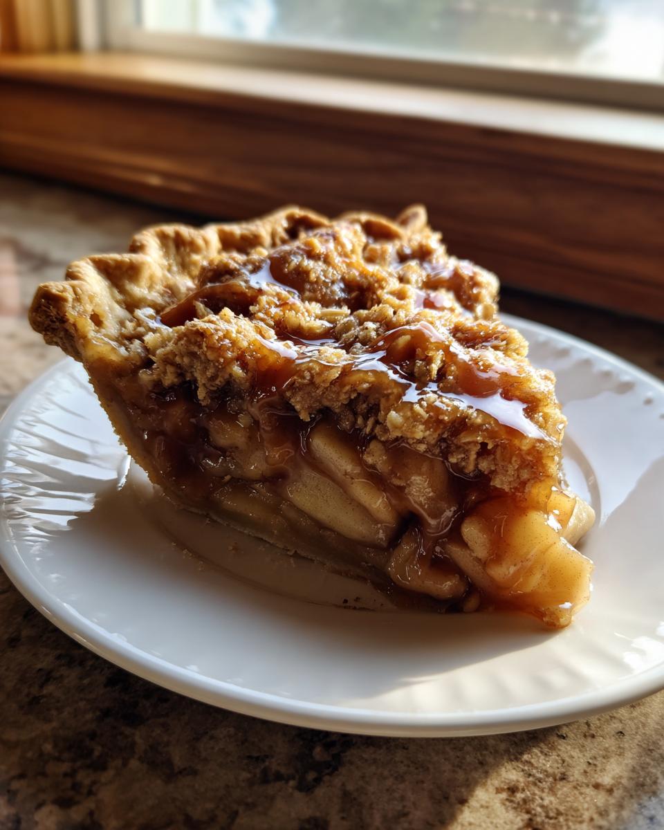 A close-up slice of caramel apple crisp pie, showing layered apples and a caramel drizzle on the crumb topping.