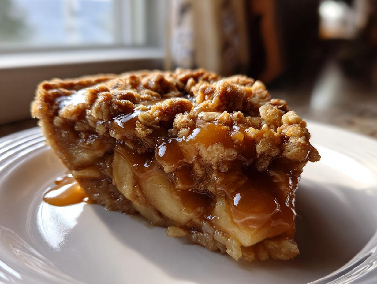Close-up of a decadent slice of caramel apple crisp pie showing layers of apples, crisp topping, and rich caramel sauce.