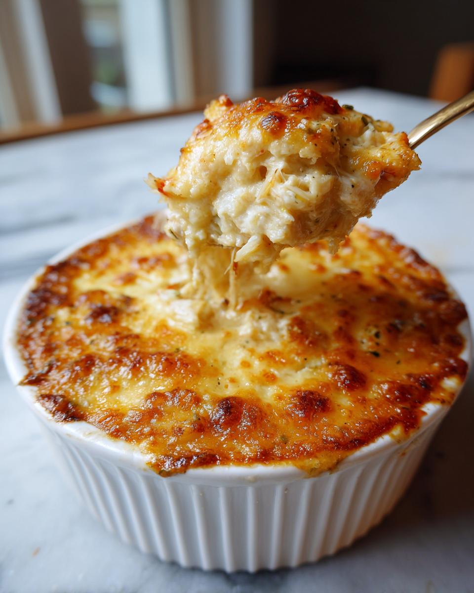 A spoonful of creamy, cheesy hot crab dip being lifted from a bubbling, baked white ramekin.