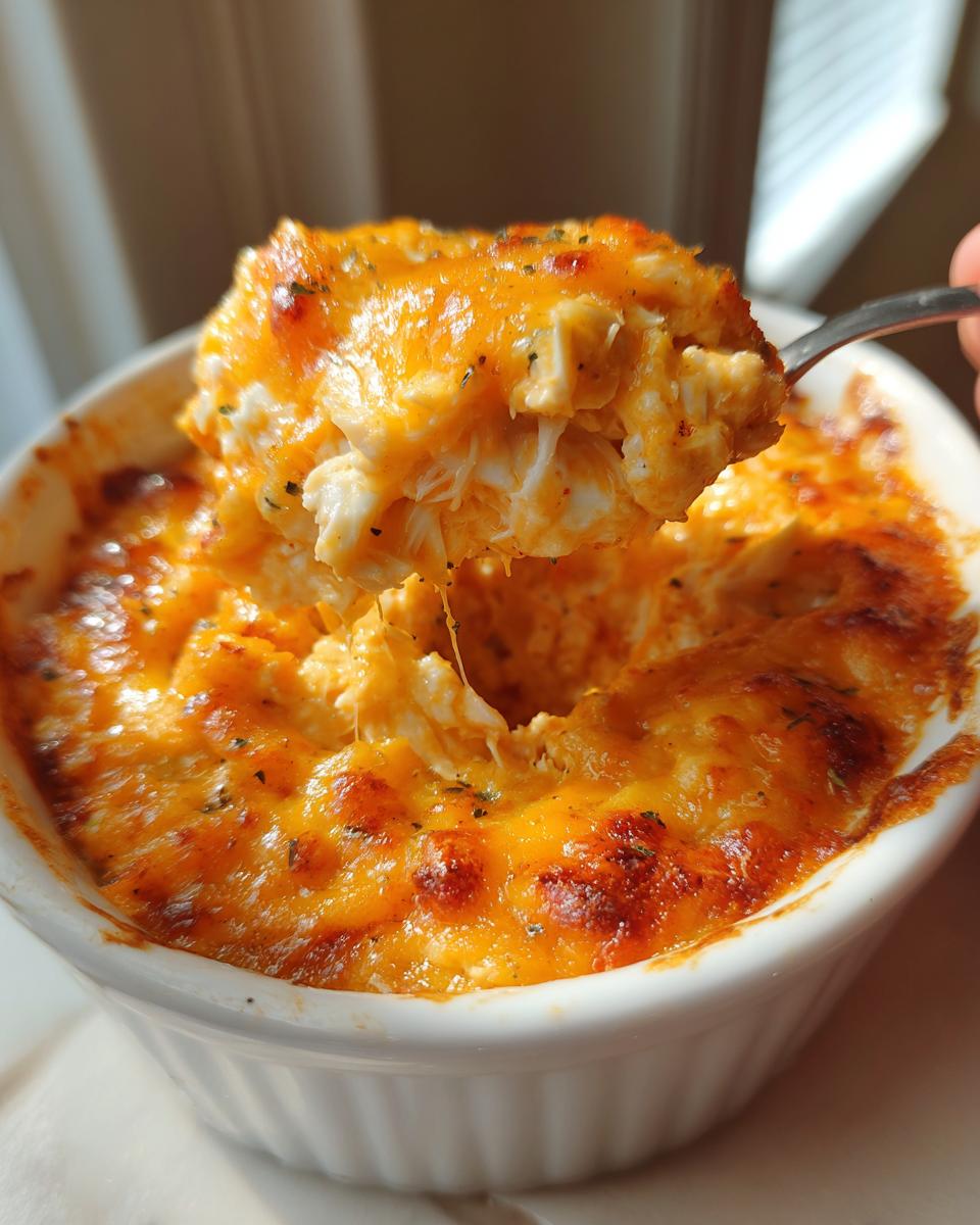 A spoonful of creamy, cheesy hot crab dip being lifted from a white ramekin, showing melted cheese strings.