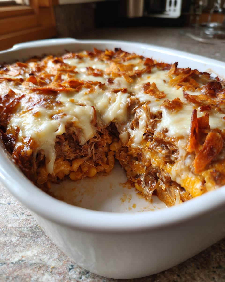 A scoop has been taken from the cheesy Mexican chicken casserole, showing shredded chicken, corn, and a melted cheese topping.