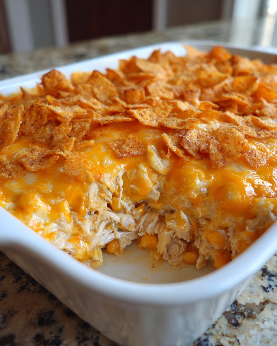 Close-up of a serving spoon scooping into a cheesy mexican chicken casserole topped with crushed tortilla chips.