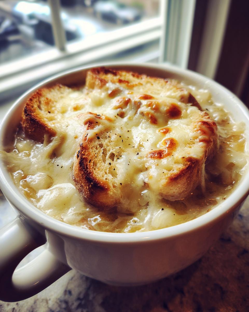 Close-up of a bowl of philly cheese steak soup topped with melted, bubbly cheese over toasted bread.