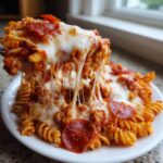 A fork lifts a portion of cheesy pizza pasta bake, showing extreme cheese pull over rotini pasta and pepperoni slices.