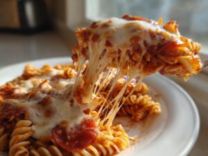 A fork lifts a portion of cheesy pizza pasta bake, showing long, dramatic cheese pulls over the rest of the dish.
