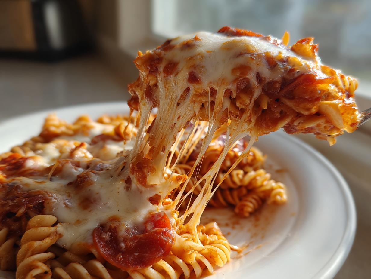 A fork lifts a portion of cheesy pizza pasta bake, showing long, dramatic cheese pulls over the rest of the dish.