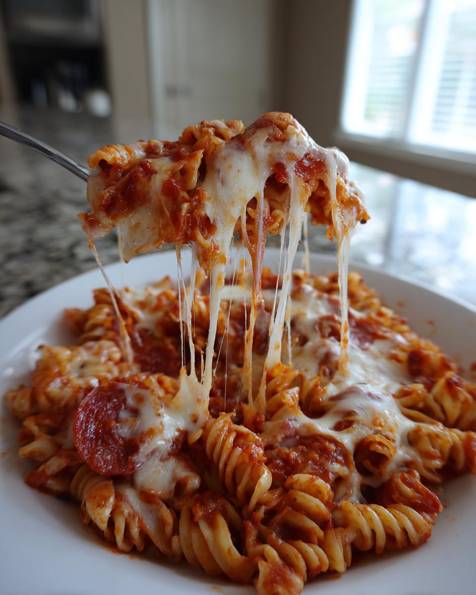 A fork lifts a portion of cheesy pizza pasta bake, showing long, dramatic mozzarella cheese pulls over the main dish.