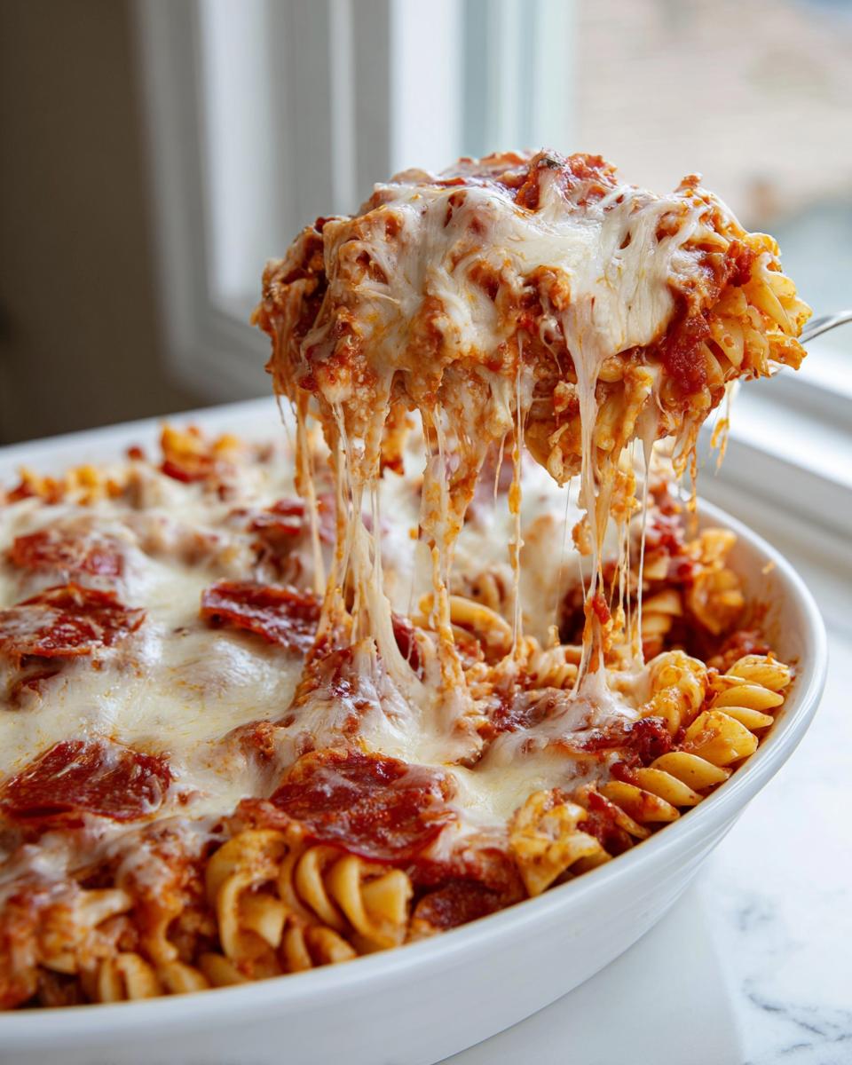 A serving spoon lifts a portion of cheesy pizza pasta bake, showing long, gooey cheese pulls over the casserole dish.