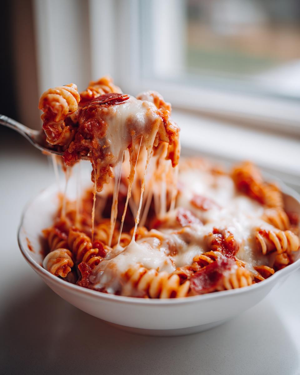 A fork lifts a cheesy bite from a bowl of pizza pasta bake, showing long, melted cheese strings.