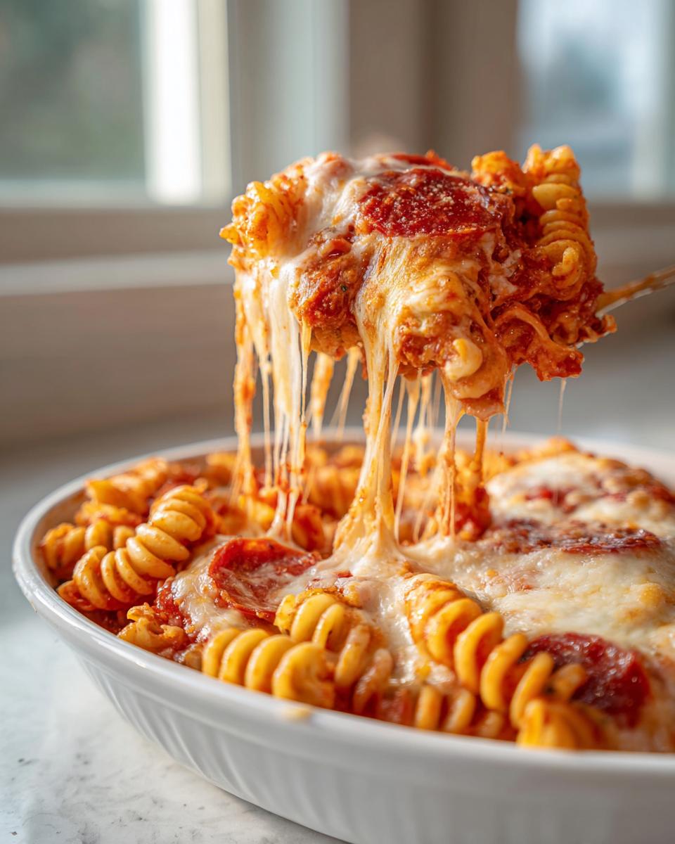 A serving spoon lifts a portion of cheesy pizza pasta bake, showing extreme cheese pull over the main dish.