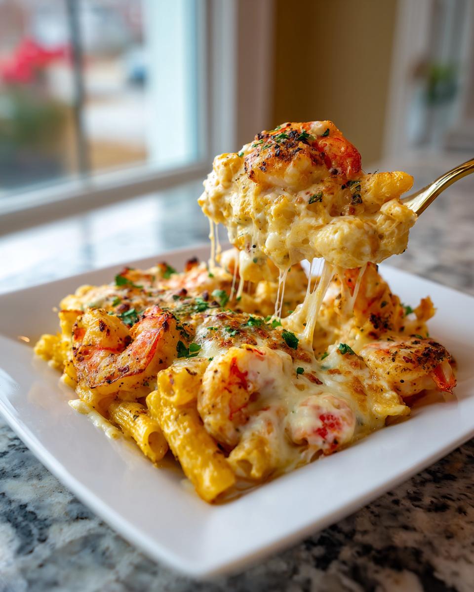 A spoonful of cheesy shrimp scampi pasta bake being lifted from a white plate, showing long cheese pulls.