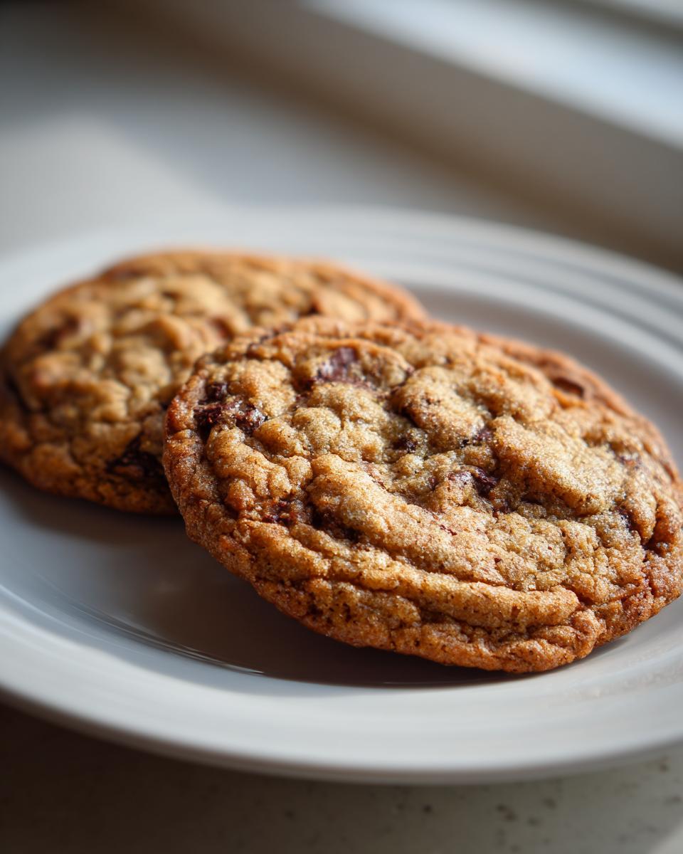 Close-up of two freshly baked, golden brown banana bread cookies with visible chocolate chips resting on a light gray plate.
