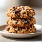 A close-up stack of three chewy cowboy cookies loaded with oats and dark chocolate chunks.