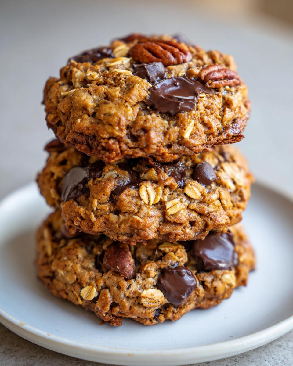 A stack of three chewy cowboy cookies featuring oats, melted chocolate chips, and pecans on top.