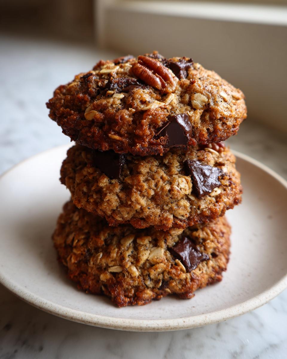 Three chewy cowboy cookies stacked on a small plate, featuring oats, chocolate chunks, and a pecan on top.