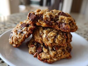 A stack of chewy cowboy cookies featuring oats, chocolate chunks, and pecans on a white plate.