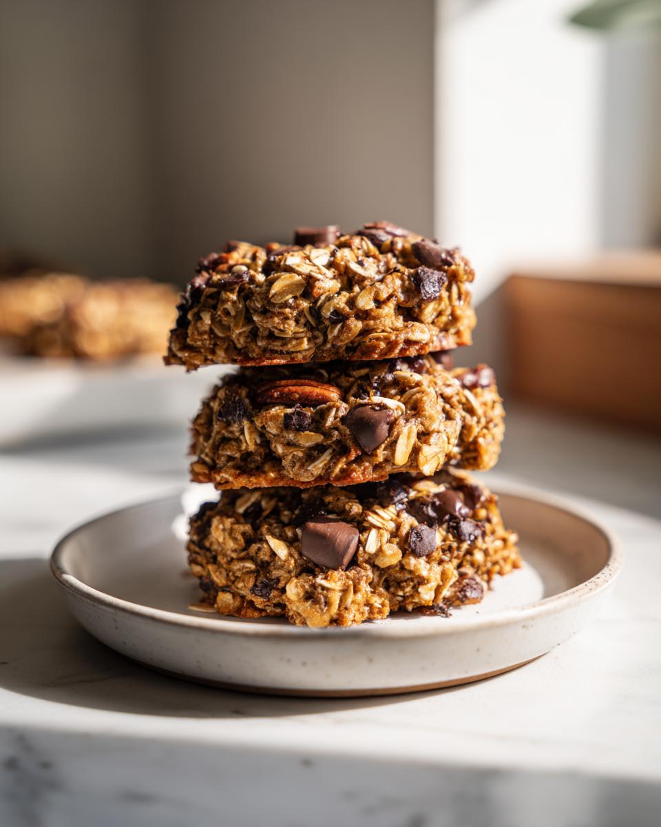 Three thick, chewy cowboy cookies stacked on a small ceramic plate, loaded with oats and chocolate chips.