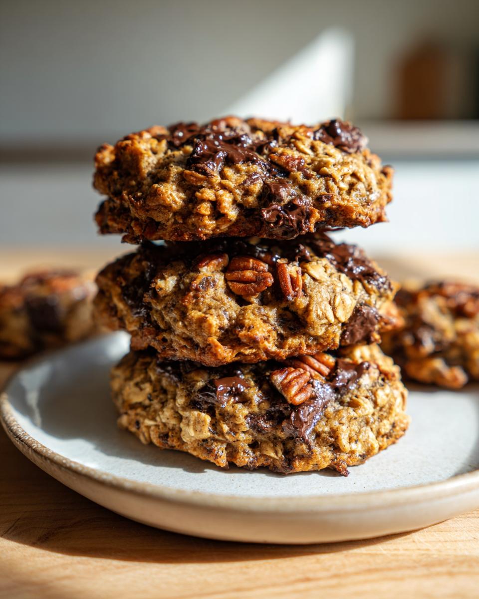A stack of three chewy cowboy cookies loaded with oats, chocolate chips, and pecans, sitting on a small plate.