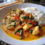 Close-up of a bowl of creamy chicken coconut curry served with white rice.