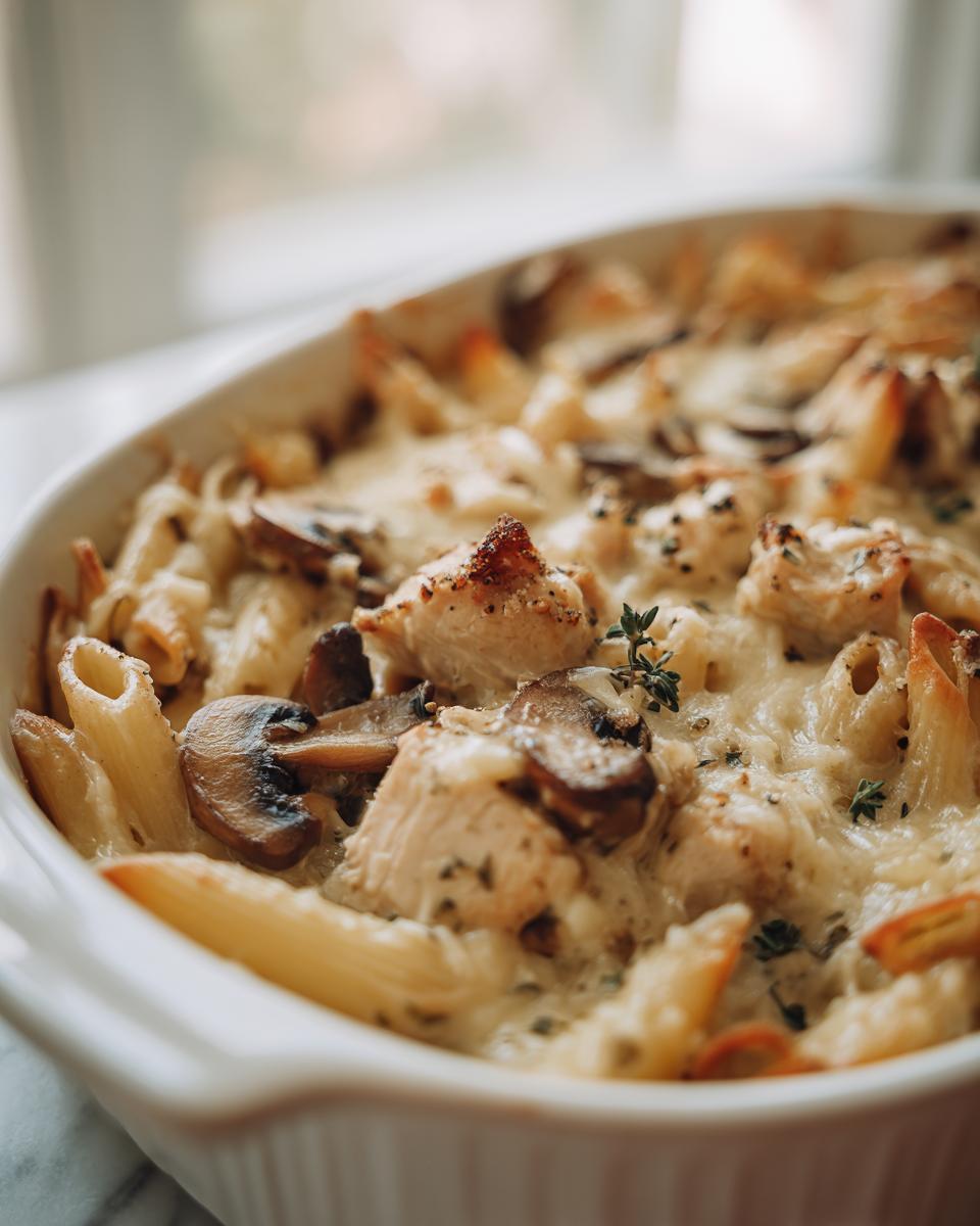 Close-up of a baked chicken marsala casserole featuring penne pasta, chicken pieces, mushrooms, and melted cheese topping.