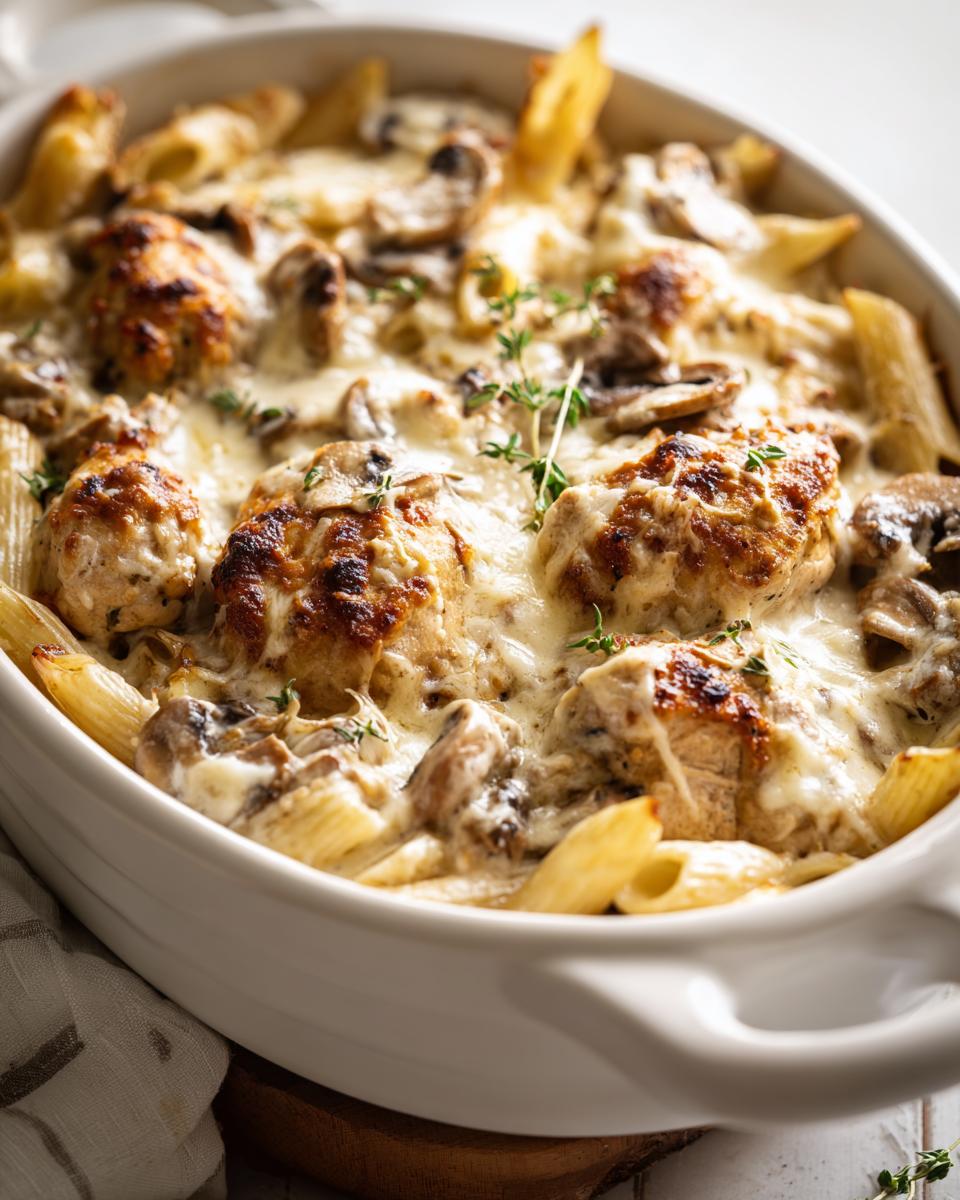 Close-up of a baked chicken marsala casserole featuring browned chicken pieces, penne pasta, mushrooms, and melted, bubbly cheese topping.