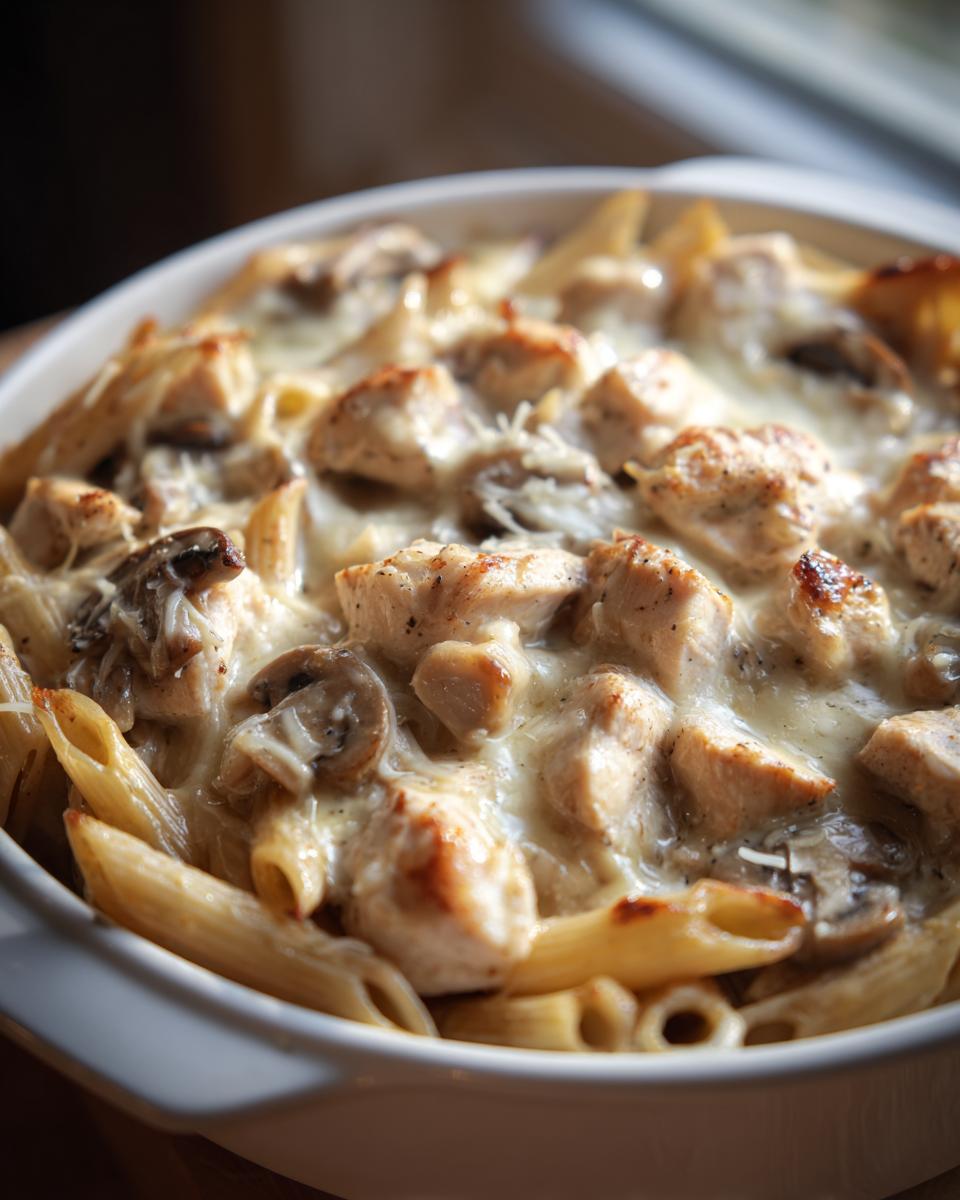 Close-up of a baked chicken marsala casserole featuring chunks of chicken, mushrooms, and penne pasta topped with melted cheese.