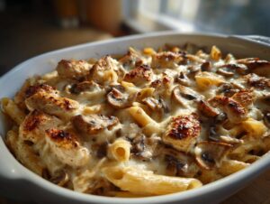 Close-up of a baked chicken marsala casserole featuring pasta, seared chicken pieces, and mushrooms covered in creamy sauce.