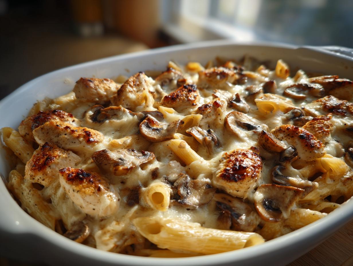 Close-up of a baked chicken marsala casserole featuring pasta, seared chicken pieces, and mushrooms covered in creamy sauce.