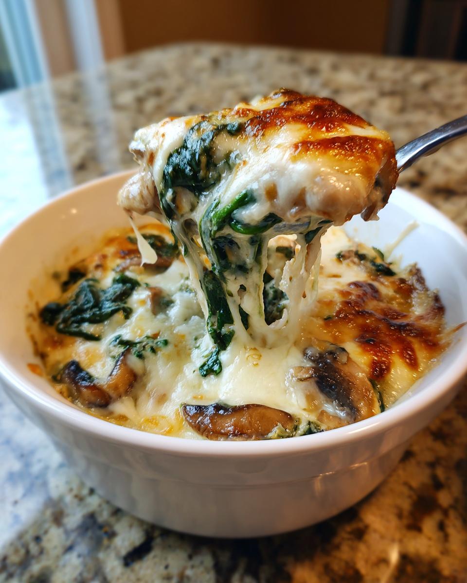 A spoonful of cheesy chicken spinach mushroom low carb oven dish being lifted, showing melted cheese strings.