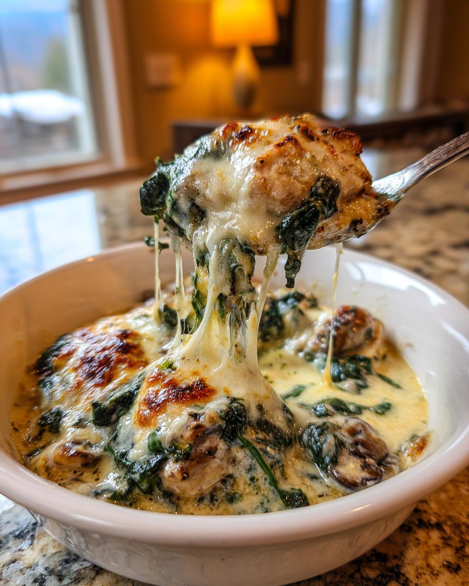A spoonful being lifted from a cheesy chicken spinach mushroom low carb oven dish, showing long cheese pulls.