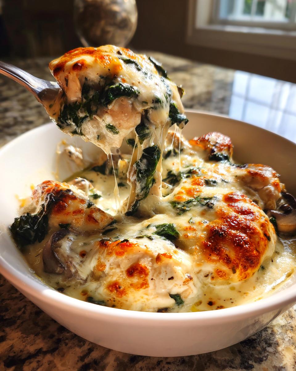 A spoonful of cheesy chicken spinach mushroom low carb oven dish being lifted, showing melted, stringy cheese.