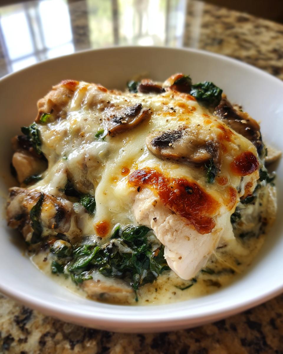 A close-up of a serving of chicken spinach mushroom low carb oven dish topped with melted, browned cheese.