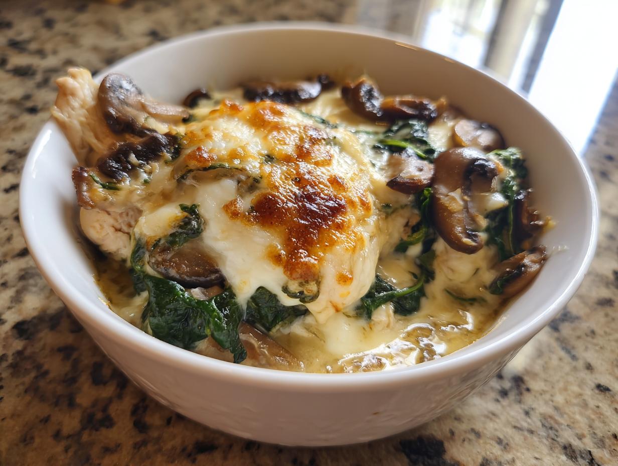 A close-up of a single serving of chicken spinach mushroom low carb oven dish topped with melted, browned cheese.