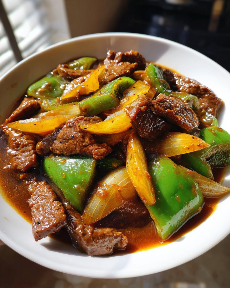 A close-up of a white bowl filled with savory Chinese pepper steak, featuring beef slices, bright green peppers, and yellow onions in a rich brown sauce.