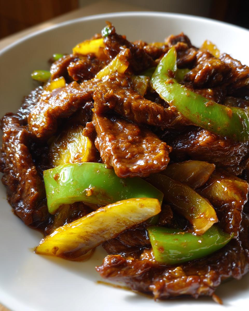 Close-up of glossy, saucy chinese pepper steak mixed with bright green and yellow bell pepper strips in a white bowl.