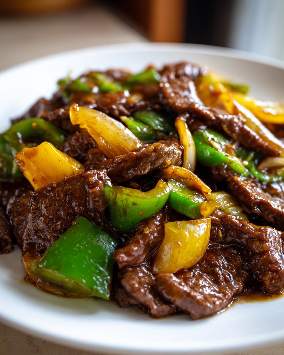 A close-up of savory Chinese pepper steak featuring tender beef strips, green bell peppers, and yellow onions coated in a rich brown sauce.
