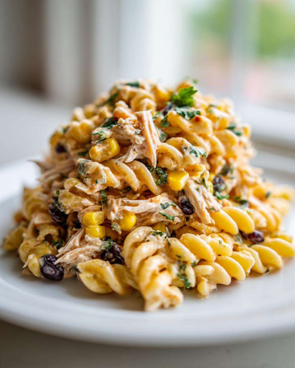 A close-up of a mound of chipotle chicken pasta salad featuring rotini pasta, shredded chicken, corn, and black beans.
