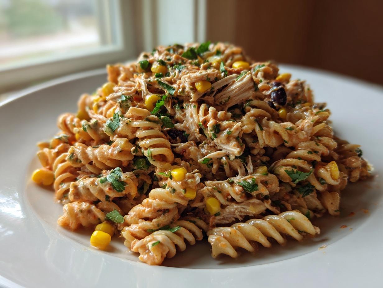 A mound of creamy chipotle chicken pasta salad featuring rotini pasta, shredded chicken, corn, and cilantro on a white plate.