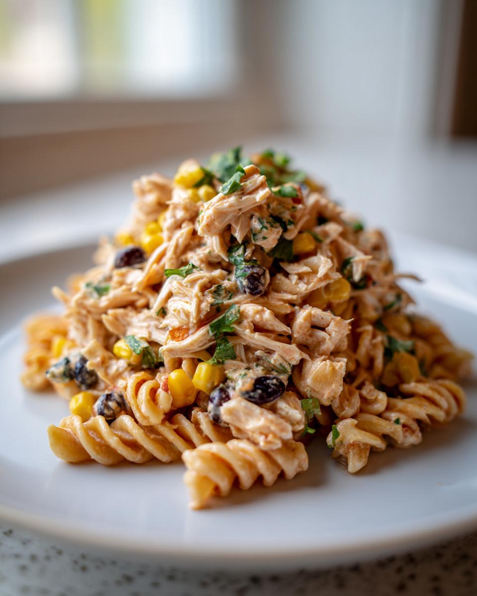 Close-up of a mound of chipotle chicken pasta salad featuring shredded chicken, rotini pasta, corn, and black beans on a white plate.