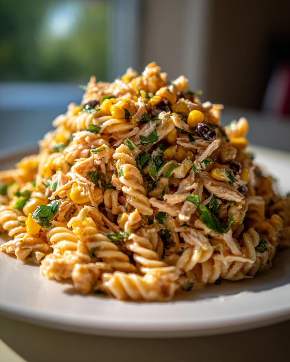 Close-up of a serving of chipotle chicken pasta salad piled high on a white plate, showing rotini pasta, shredded chicken, corn, and herbs.