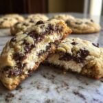 A chocolate chip cheesecake cookie broken in half, showing the creamy cheesecake filling surrounded by rich chocolate chips.