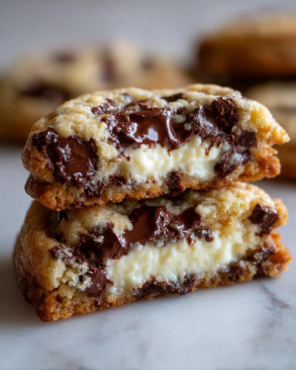 Close-up of chocolate chip cheesecake cookies cut in half showing gooey melted chocolate and creamy cheesecake filling.