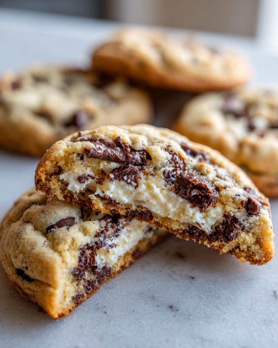 A chocolate chip cheesecake cookie cut in half showing the creamy white cheesecake filling inside.