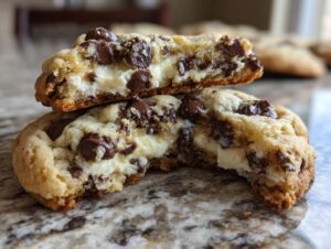 Close-up of two halves of a chocolate chip cheesecake cookie showing the gooey, creamy cheesecake center.
