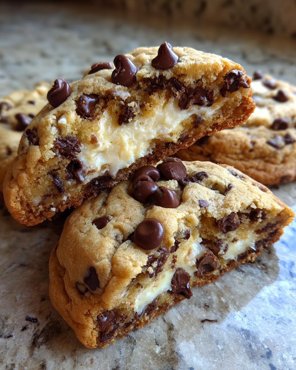 A chocolate chip cheesecake cookie cut in half showing the creamy cheesecake filling inside.